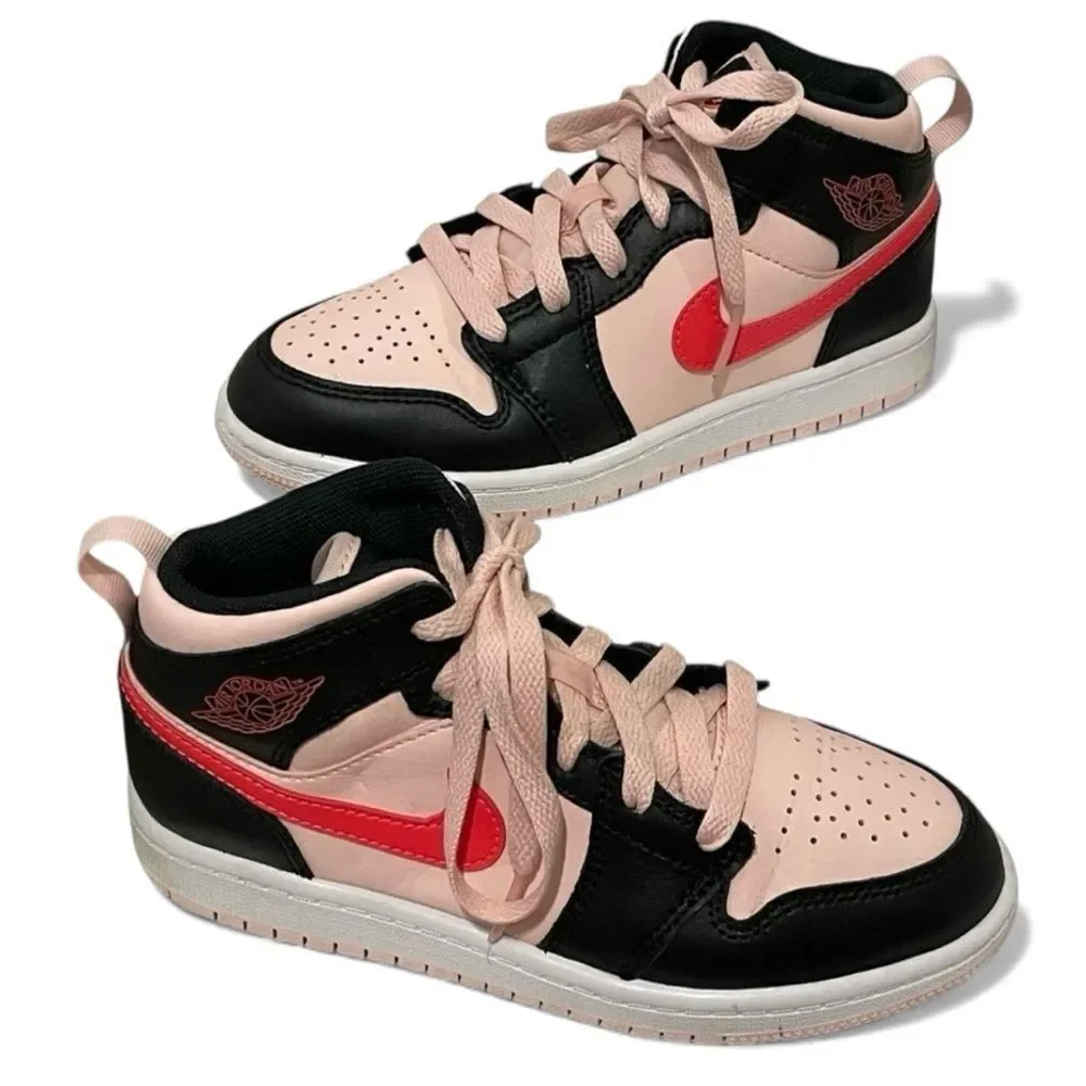 Nike Air Jordan 1 Mid GS Atmosphere Shoes Black Pink Crimson Kids 1Y